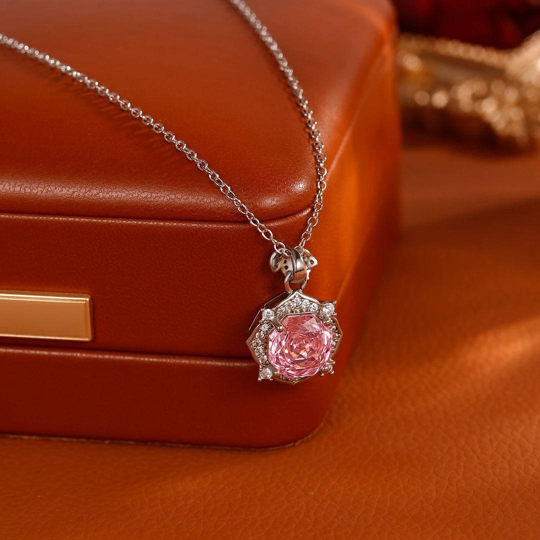 合金项链 【5620】法式轻奢玫瑰花粉锆石项链气质颈链女小众饰品