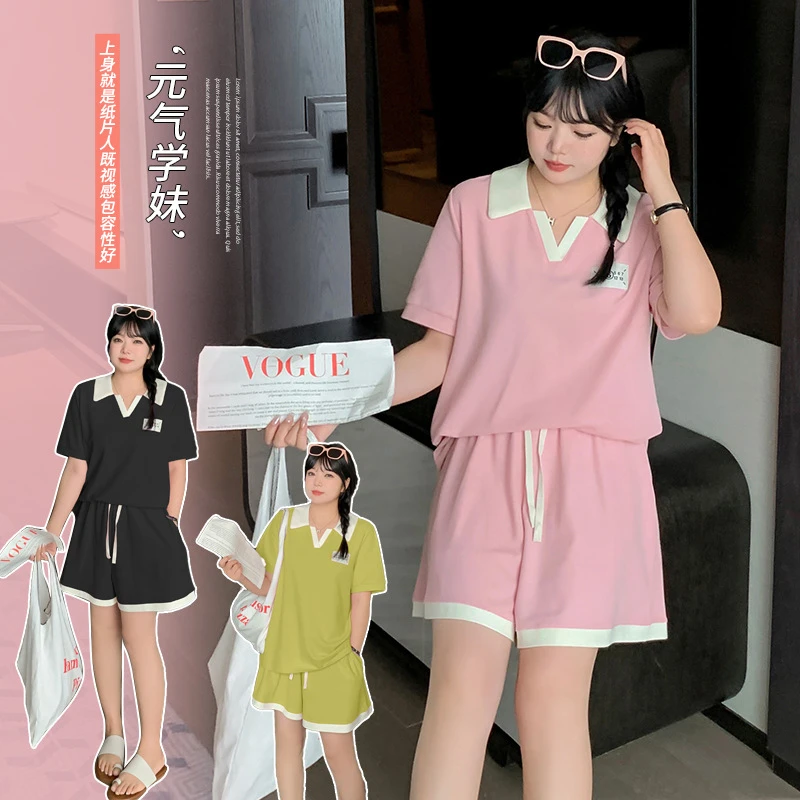 夏款休闲运动风套装200斤胖妹妹宽松显瘦上衣短裤两件套240342