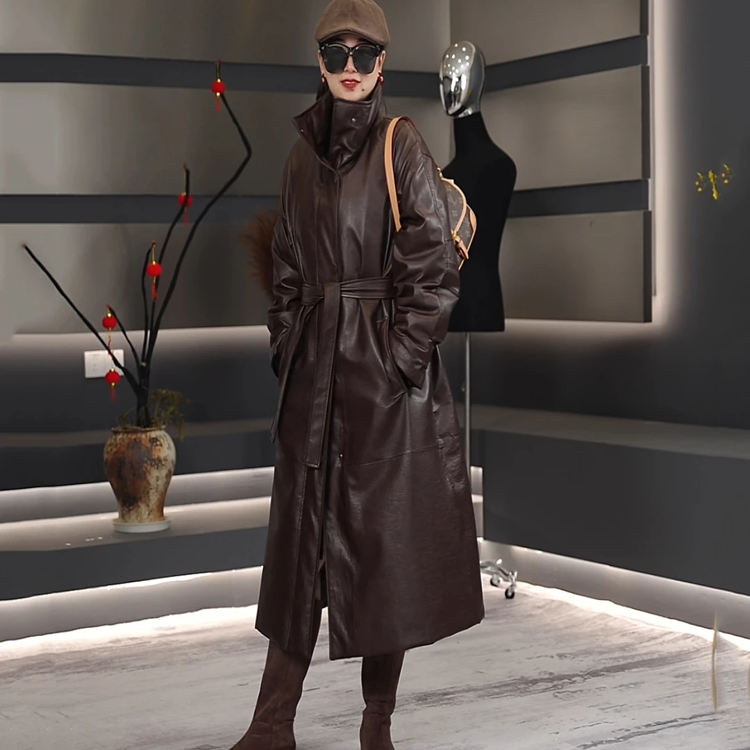 A-5032-1冬季新品进口植鞣油蜡绵羊皮白鹅绒服宽松皮衣长款外套