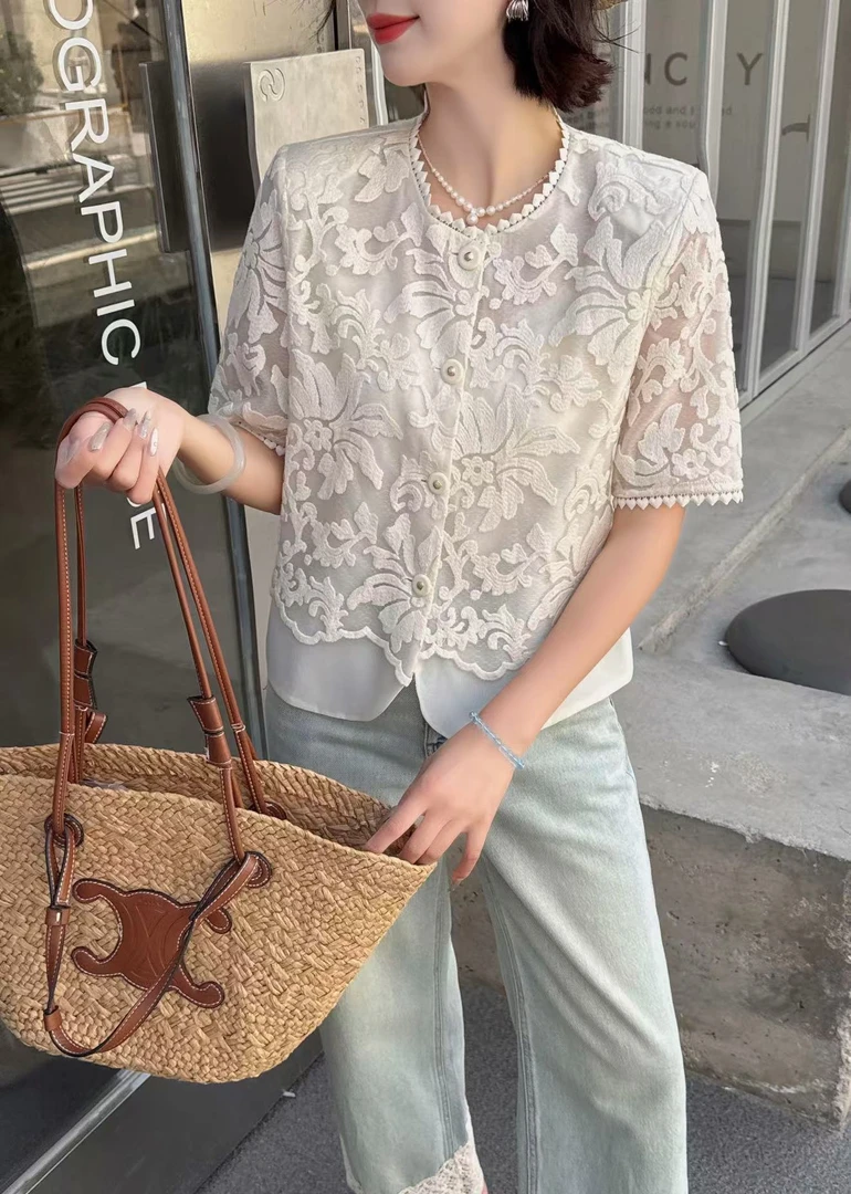 【钰姐精选】慧皖8929-夏季重工刺绣短袖衬衫韩版时尚气质百搭显瘦