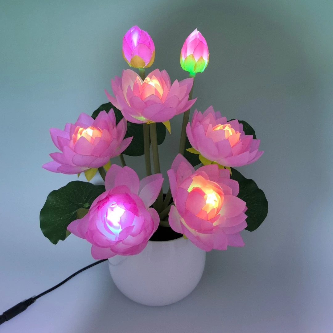 七彩莲花插电荷花灯变色假花佛前财神供俸花佛前供花供佛花观音花