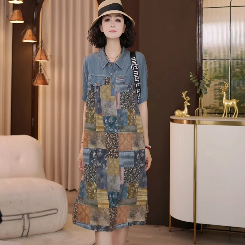 8923夏季新款韩版2025宽松休闲短袖拼花色格子牛仔连衣裙女