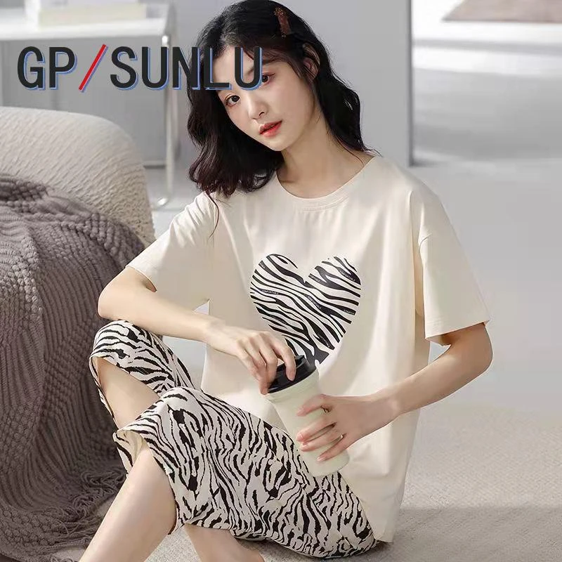 日本小众GP棉质睡衣女夏季短袖七分裤薄款休闲简约可外穿家居服套