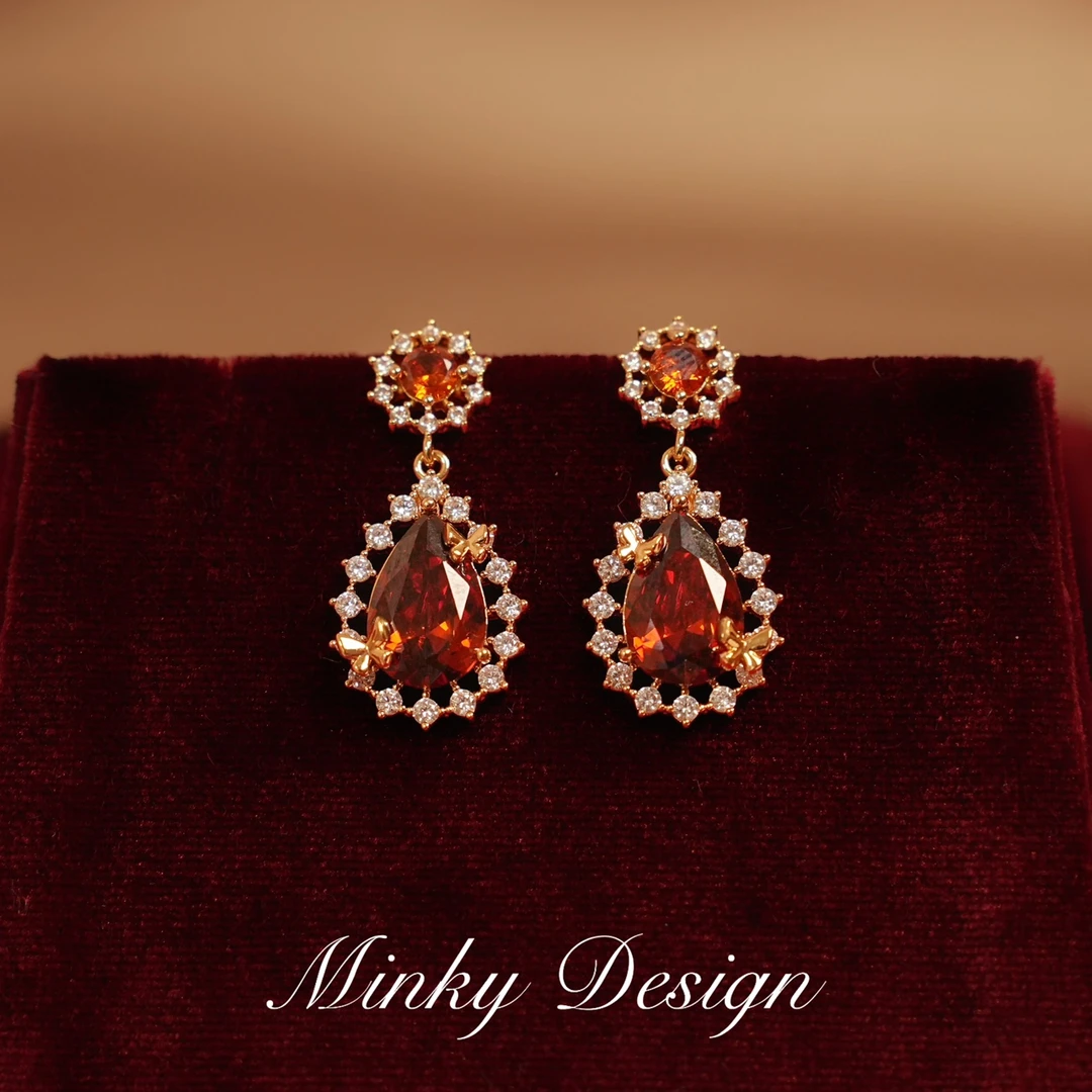 铜合金耳饰 「焰耳红芒」复古轻奢耳环水滴气质耳钉蚊香盘耳夹耳饰