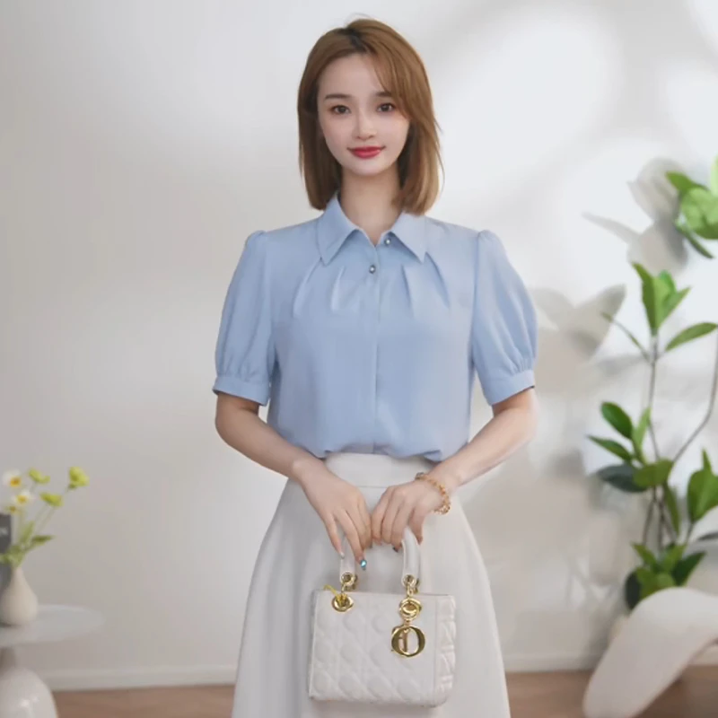 【佳莹甄选】曼贝夏季时尚短袖浅灰蓝通勤显瘦衬衫女8592458A浅灰蓝