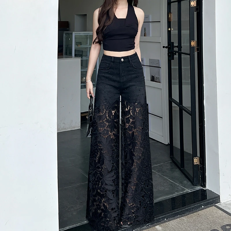 2025夏季新款镂空蕾丝牛仔裤女高腰显瘦直筒宽松阔腿小个子拖地