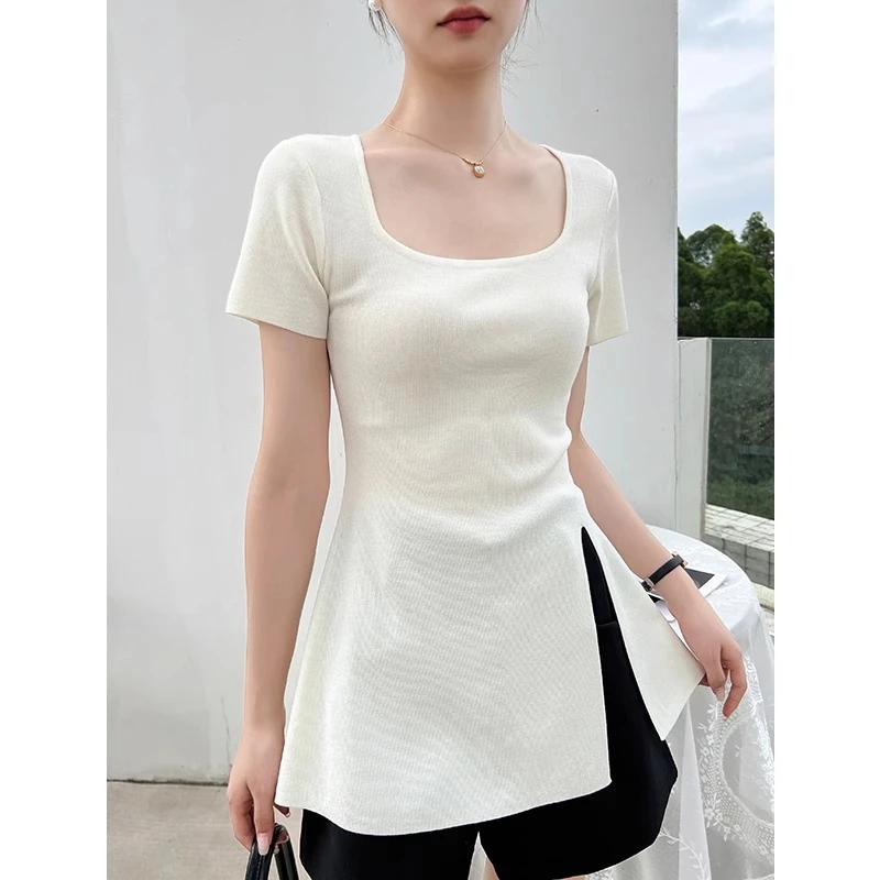 白色方领针织短袖t恤女春夏2025新款设计感内搭打底气质时尚上衣
