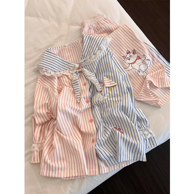 韩系可爱卡通撞色条纹玛丽猫睡衣女秋季新款长袖长裤可外穿家居服