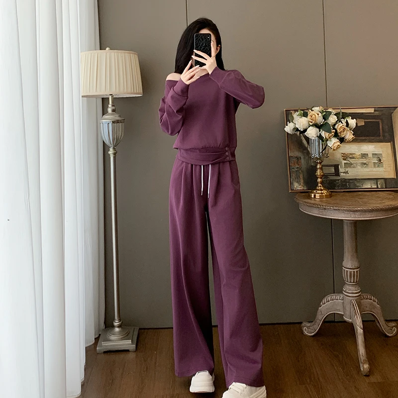 欧货休闲运动套装女春秋季2025新款洋气露肩斜肩上衣阔腿裤两件套
