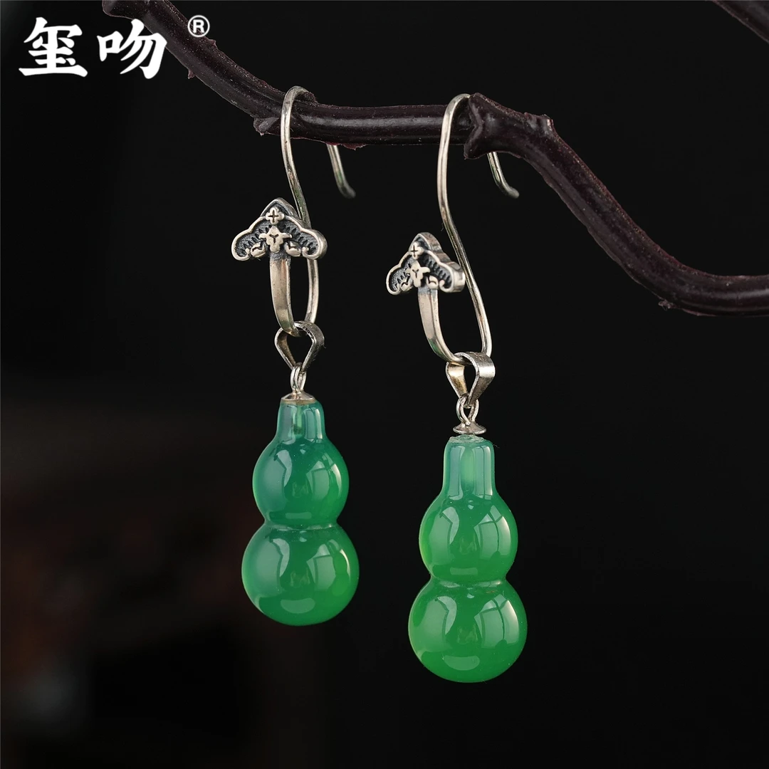 【玺吻】s925银 葫芦福禄 天然绿玛瑙葫芦耳坠（可拆卸DIY）