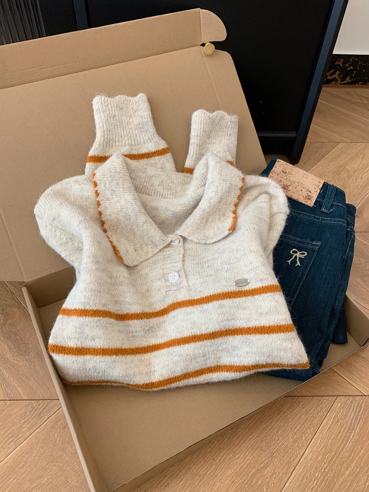 复古条纹翻领长袖针织衫毛衣女士秋冬季内搭可外穿韩系慵懒风上衣