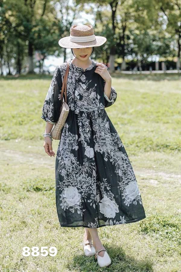 夏季女士复古苎麻双层中长款高腰显瘦印花下摆包边连衣裙