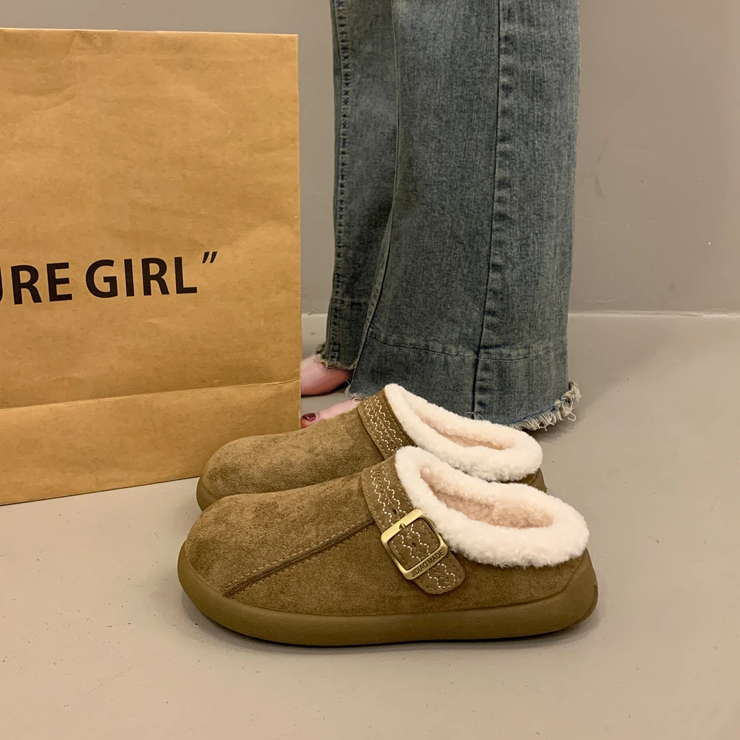 真皮包头厚底加绒勃肯鞋半拖女秋冬2025新款穆勒一脚蹬懒人棉拖鞋