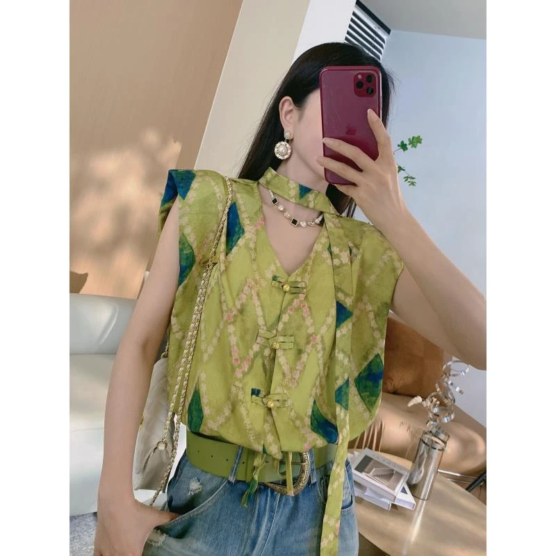 D2【橦颜女装】坎肩袖挂脖国风盘扣衬衫88103