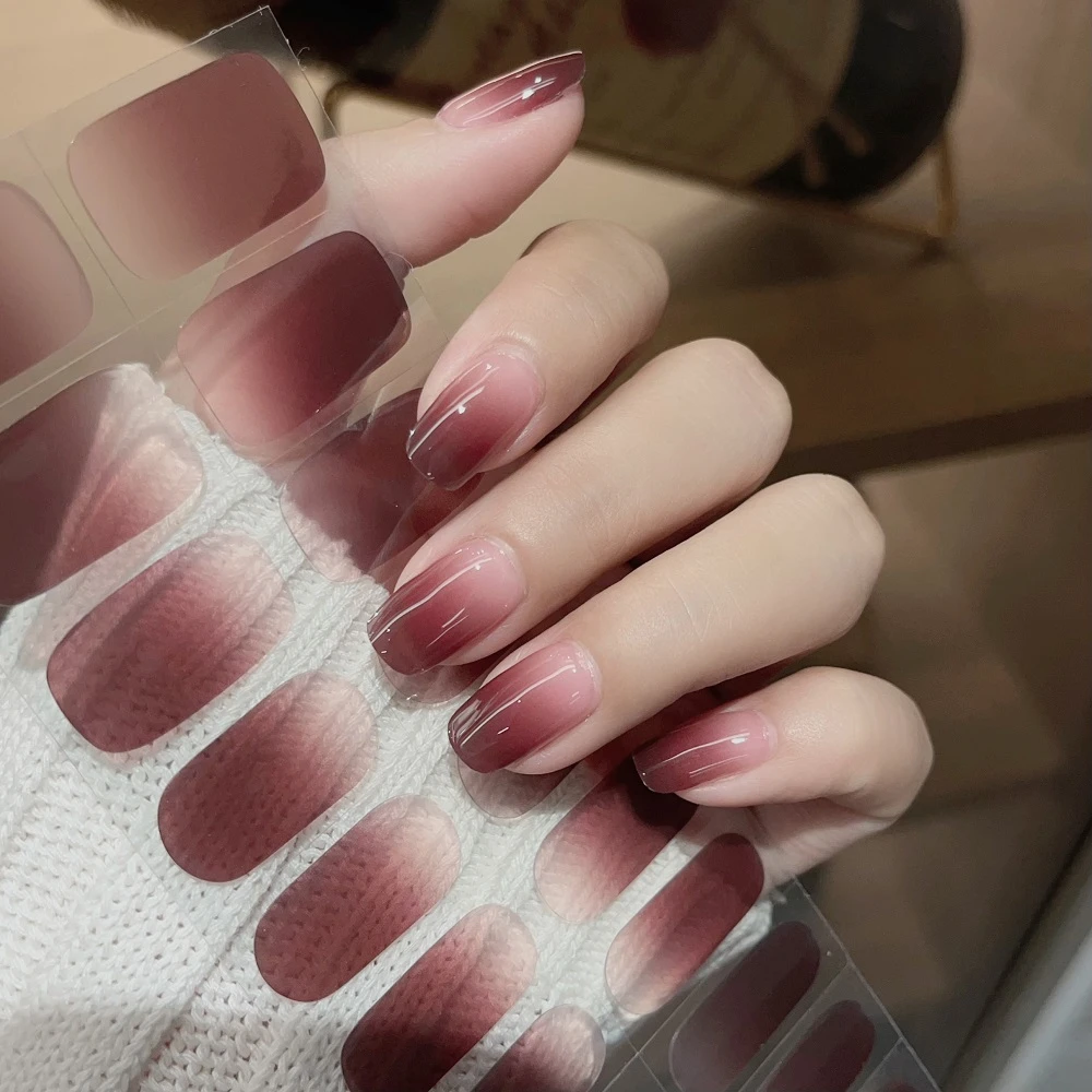 【照灯变硬】红酒渐变023半固化凝胶美甲贴防水不掉20指