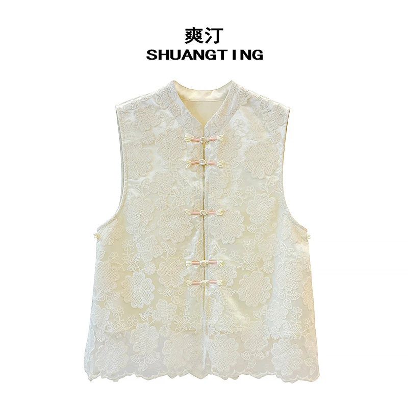 Jokara/丘可儿【‌涫清辞】新中式气质蕾丝盘扣马甲国风上衣宽松春季