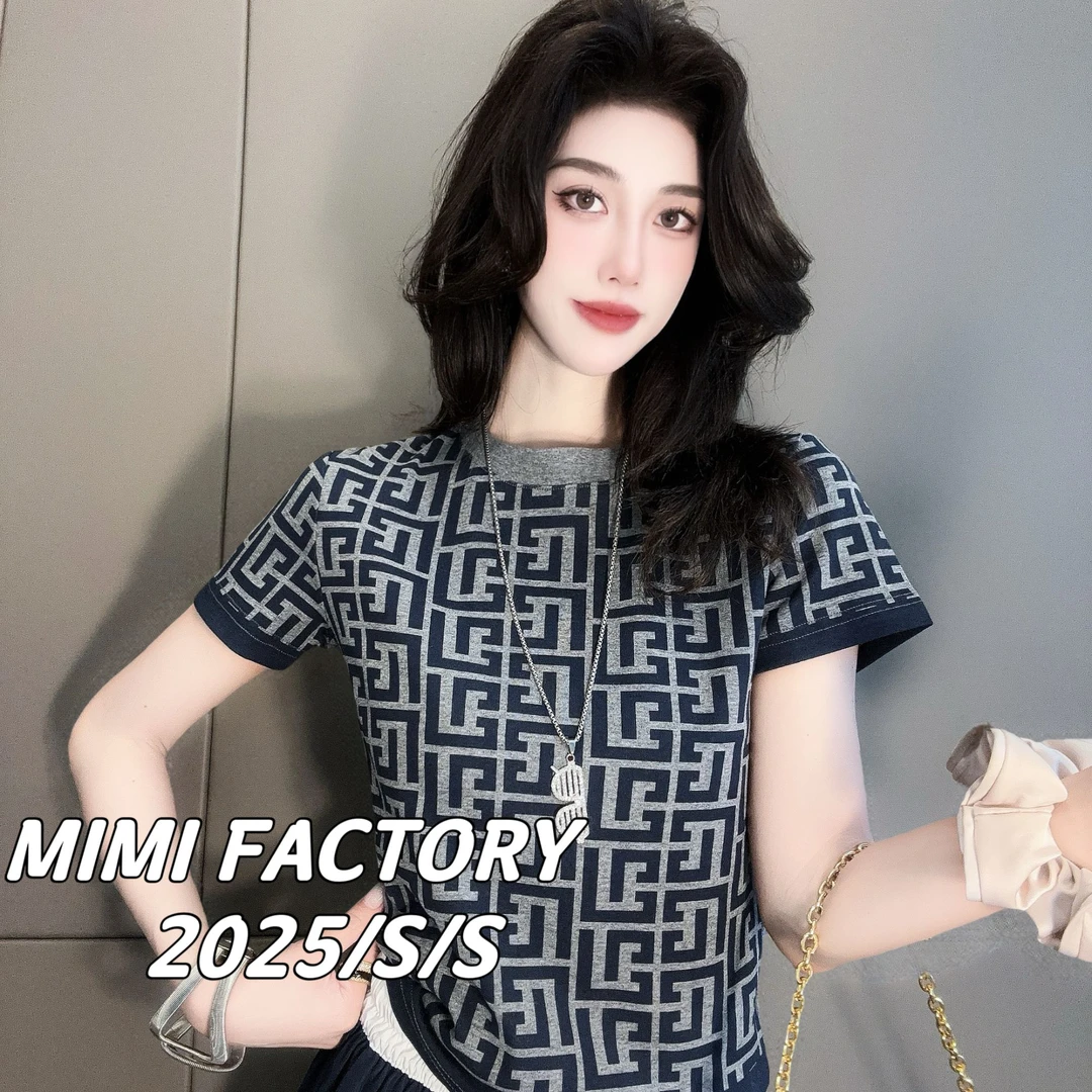 芈芈 2025新款短袖 欧货满印迷宫图案短袖T恤女显瘦百搭上衣3948