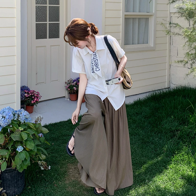 松弛感穿搭套装女2025夏季新款韩系减龄休闲刺绣衬衫阔腿裤两件套