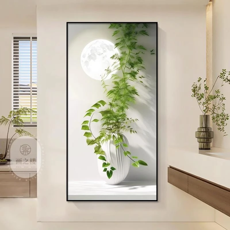 绿植奶油风入户玄关装饰画抽象竖版高端挂画走廊过道竖版极简壁画