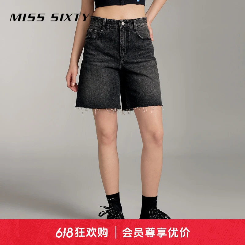 Miss Sixty夏季新款牛仔短裤女黑灰高腰显瘦直筒裤磨破高街风