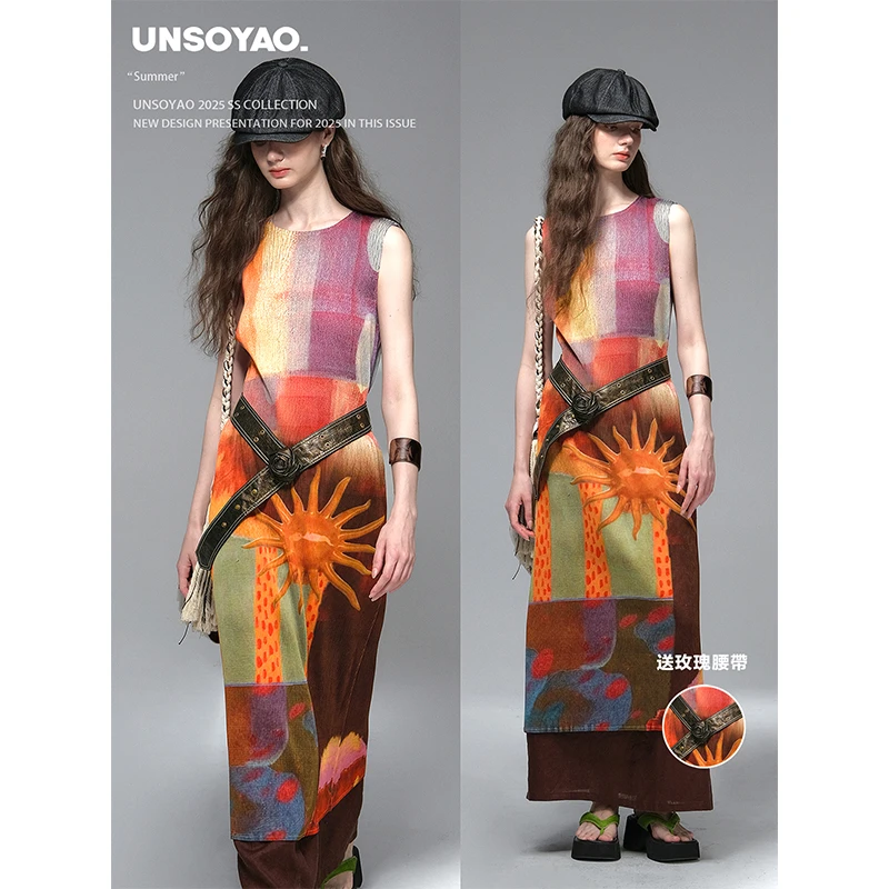 UNSOYAO 25SS“吉普赛落日”高工艺压褶复古印花褶皱连衣裙送腰带