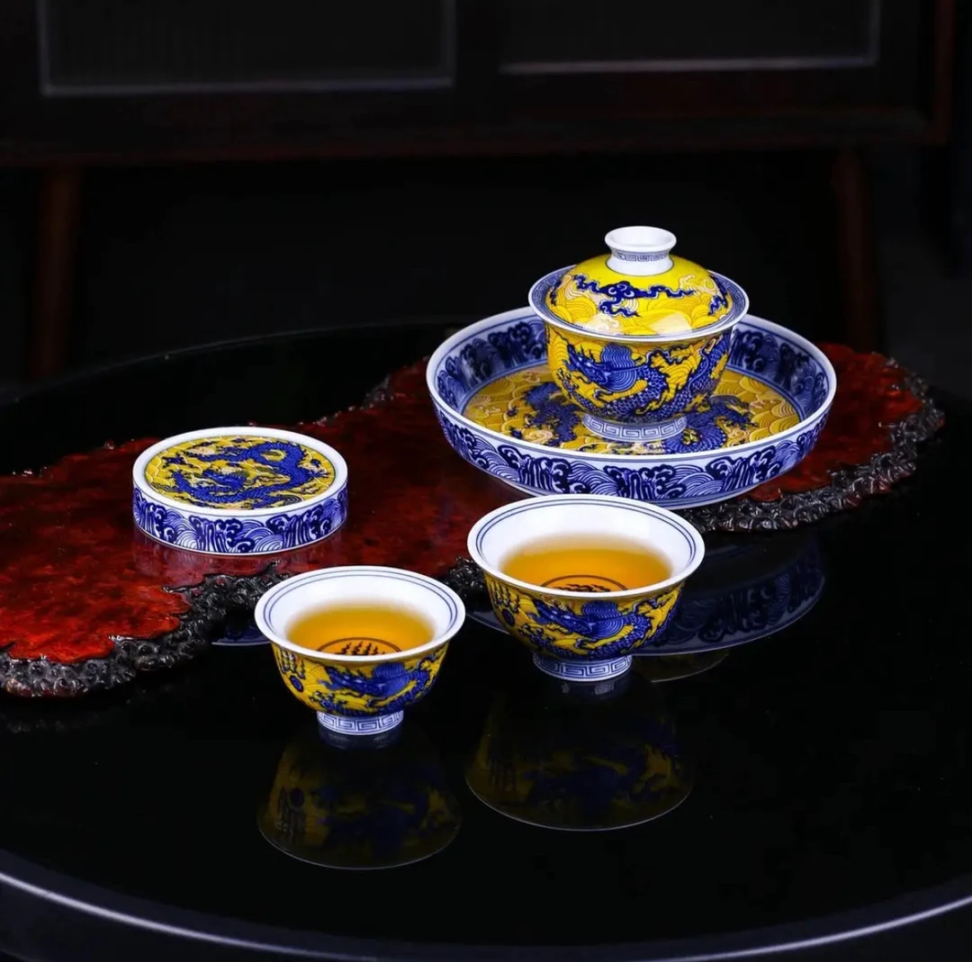 景德镇青花黄釉海水纹茶具套装家用送礼佳品