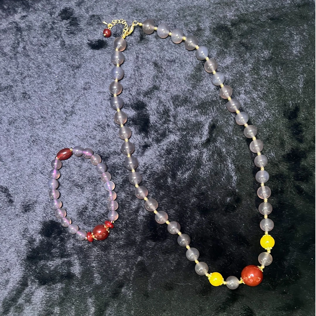 S7564【福嘟嘟珠宝】冰精灵烟紫黑玛瑙项链+手串-送礼佳品