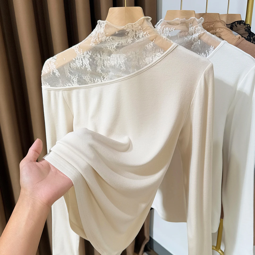 蕾丝长袖磨毛拼接针织上衣女2025年秋冬保暖内搭修身设计感打底衫
