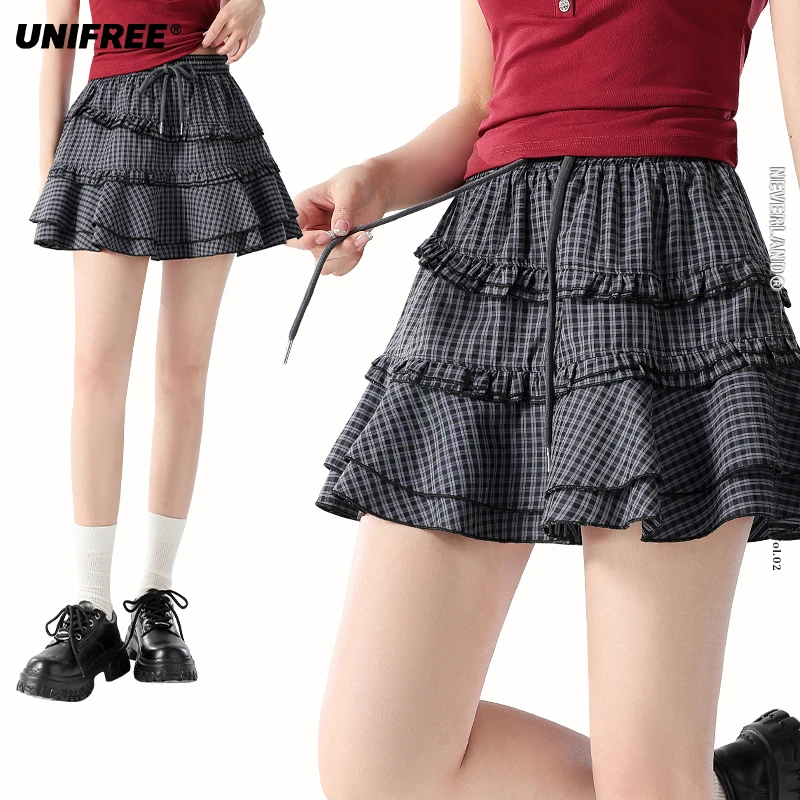 【25年夏】学院风格纹半身裙多层不规则美式蓬蓬蛋糕短裙