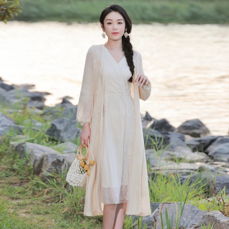 烟花烫复古长袖米色针织开衫女春秋文艺气质中长款针织衫 悠远