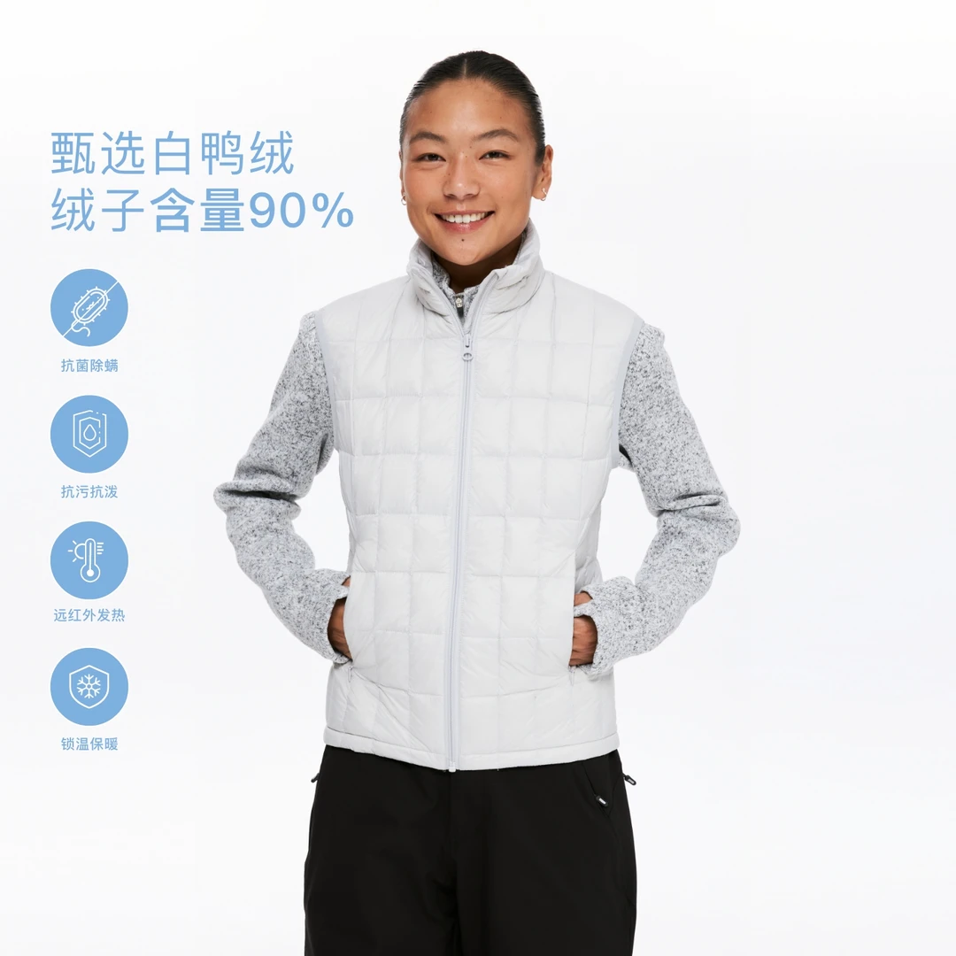 Oneup格纹收腰羽绒马甲女款户外除螨保暖秋冬立领白鸭绒锁温女款