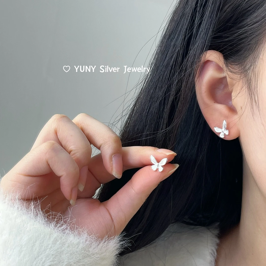 925银耳饰 蝴蝶耳钉S925纯银拉丝甜美少女风简约亮银色气质耳环