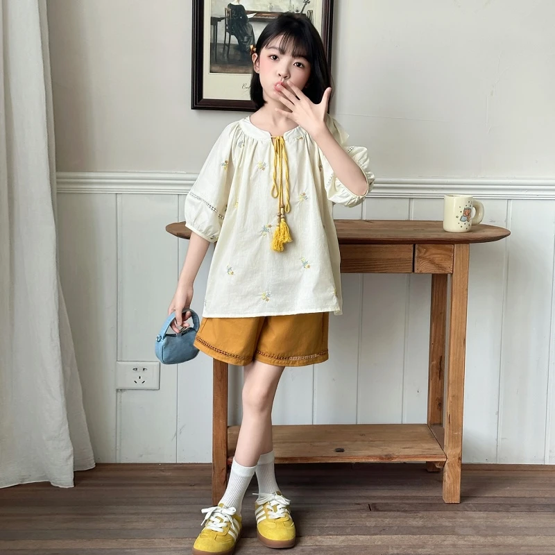 女童夏款韩范短袖衬衫套装休闲中大童小女孩娃娃衫上衣短裤两件套