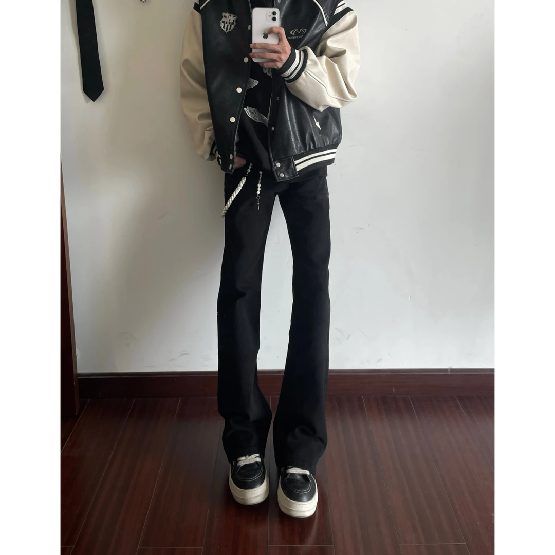 LJFTZ&美式cleanfit弯刀微喇黑牛仔裤直筒男女弹力水洗百搭长裤子