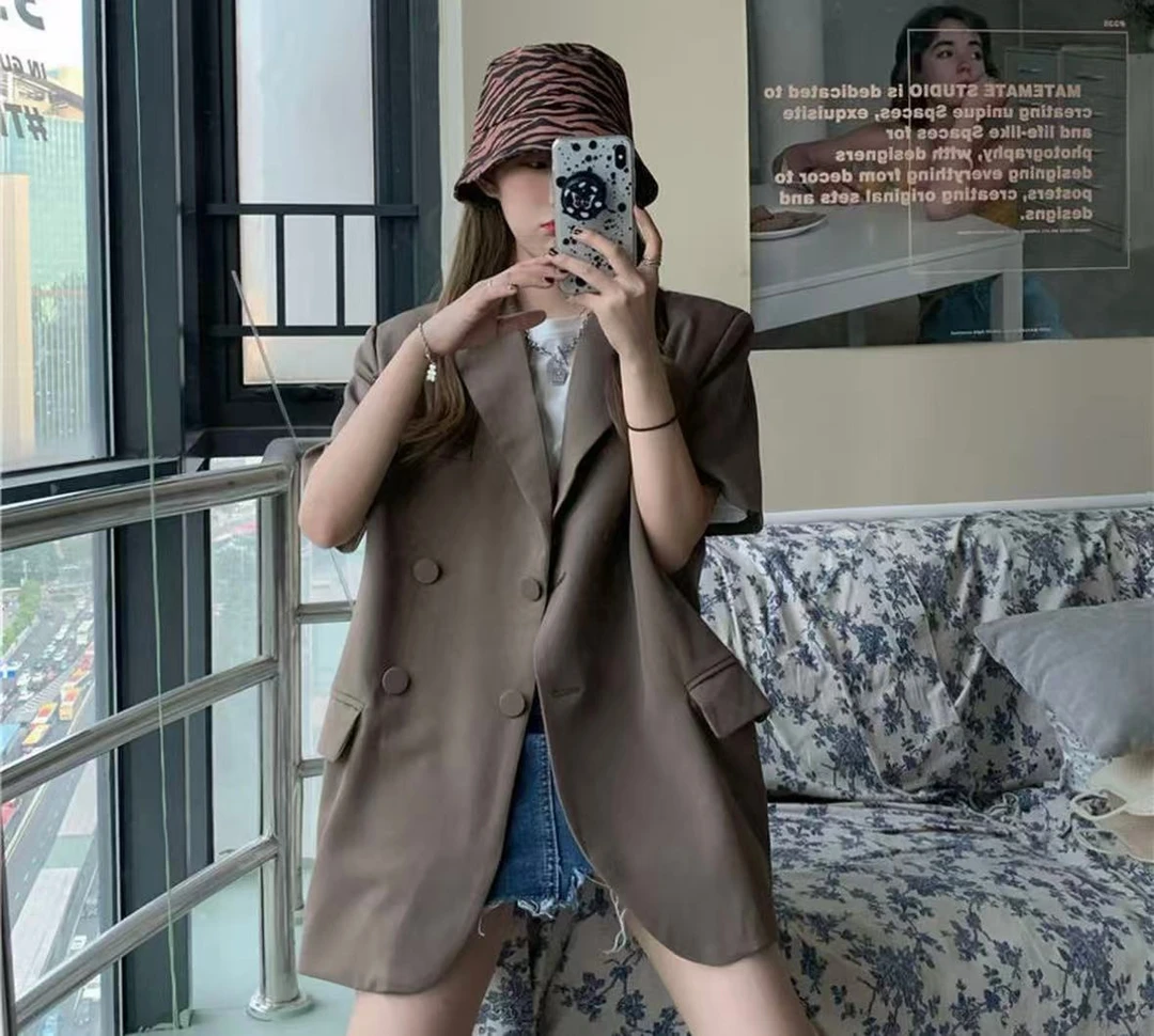 【88号】83260上衣百搭夏季橙色西装短袖炸街常规网红休闲风纯色