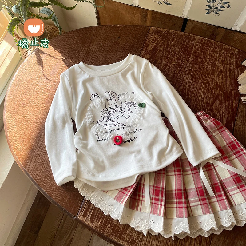橘止皮【现货】CY257668女童长袖T恤2025春季兔子花边儿童打底衫