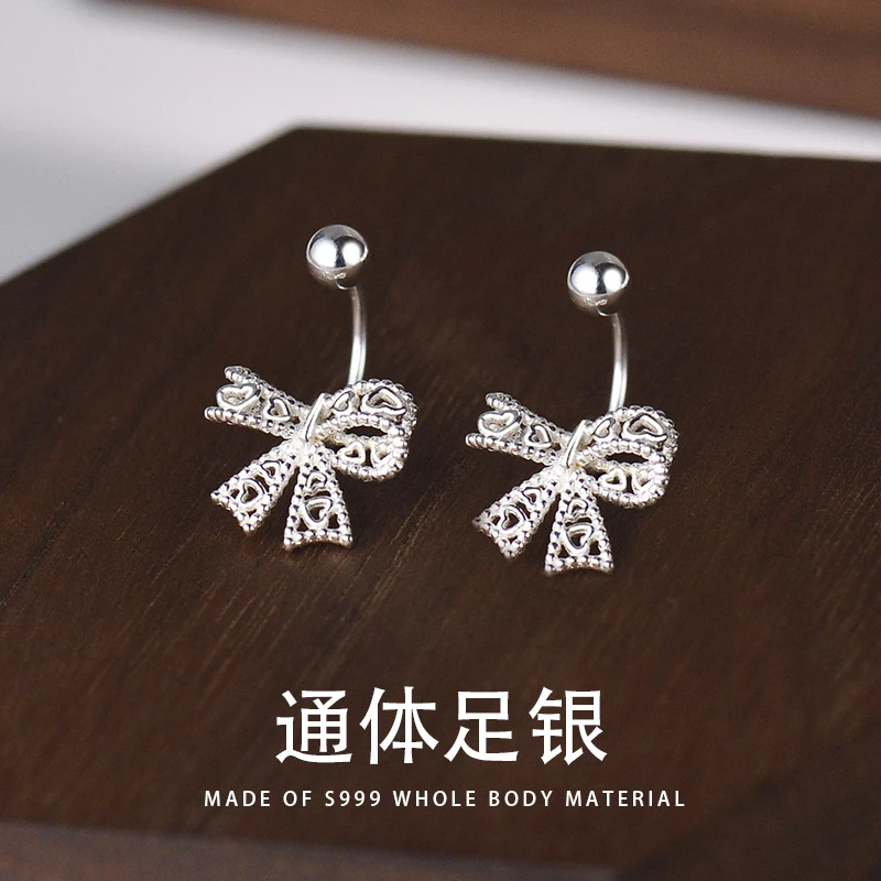足银耳饰 S999足银镂空蝴蝶结耳钉女小清新耳骨钉拧扣养耳洞饰品