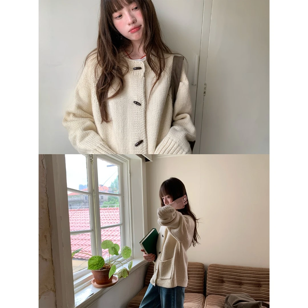 RAINY 微宽松圆领牛角扣开衫毛针织衫秋冬女纯色软糯口袋毛衣外套