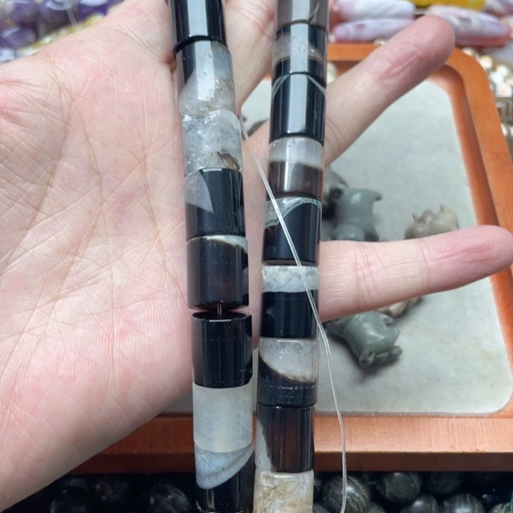 玛瑙/玉髓合金珠宝半成品一条14mm黑玛瑙桶珠