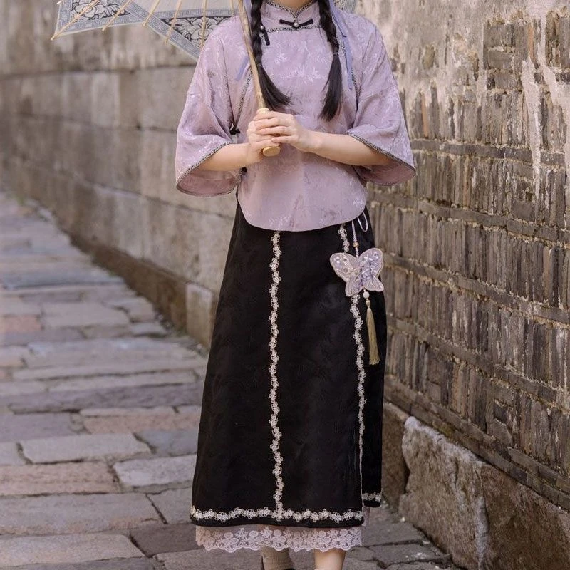 （无sku）甜美复古松紧腰中长款气质国风刺绣上衣#F1576