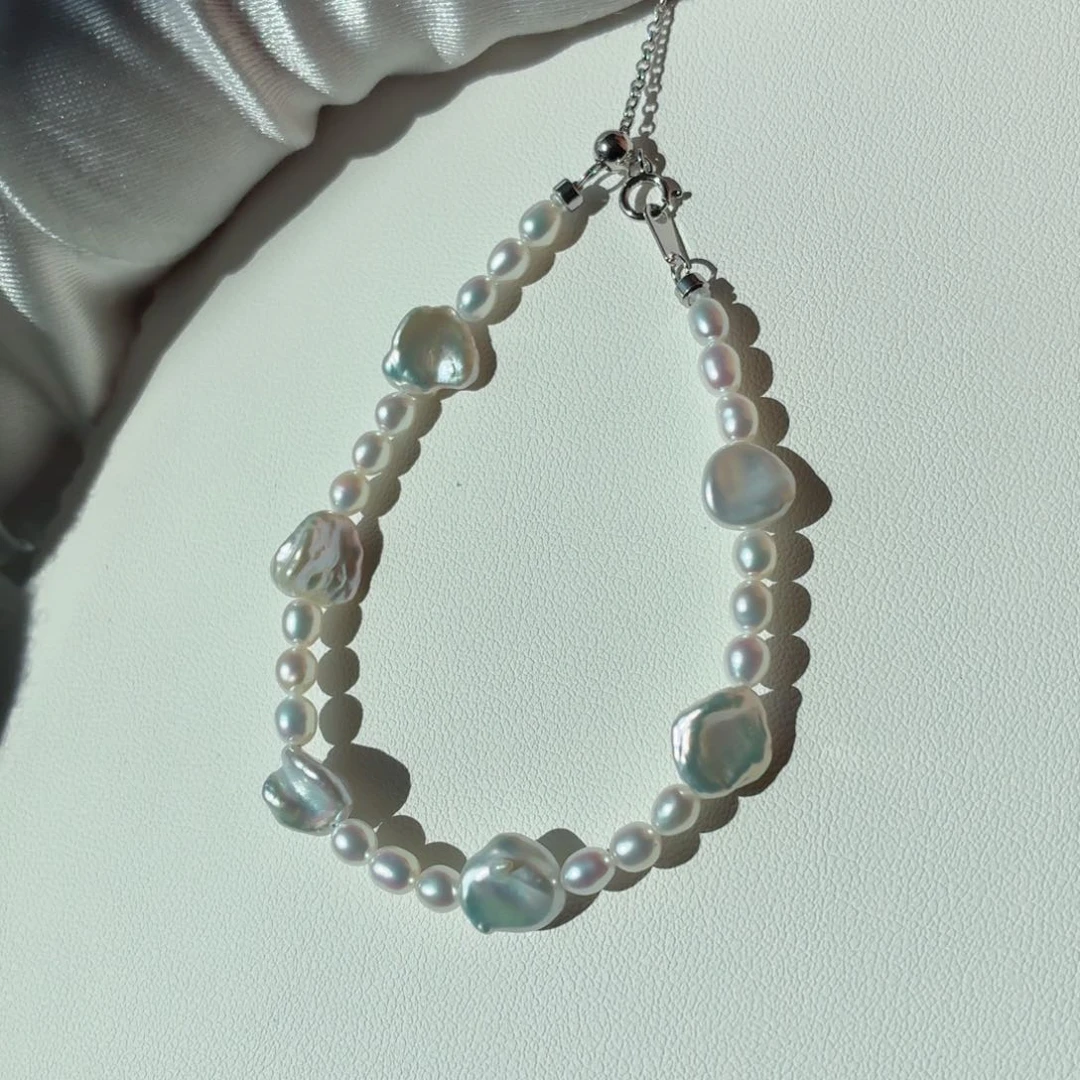 银S925镶嵌手链淡水珍珠巴洛克