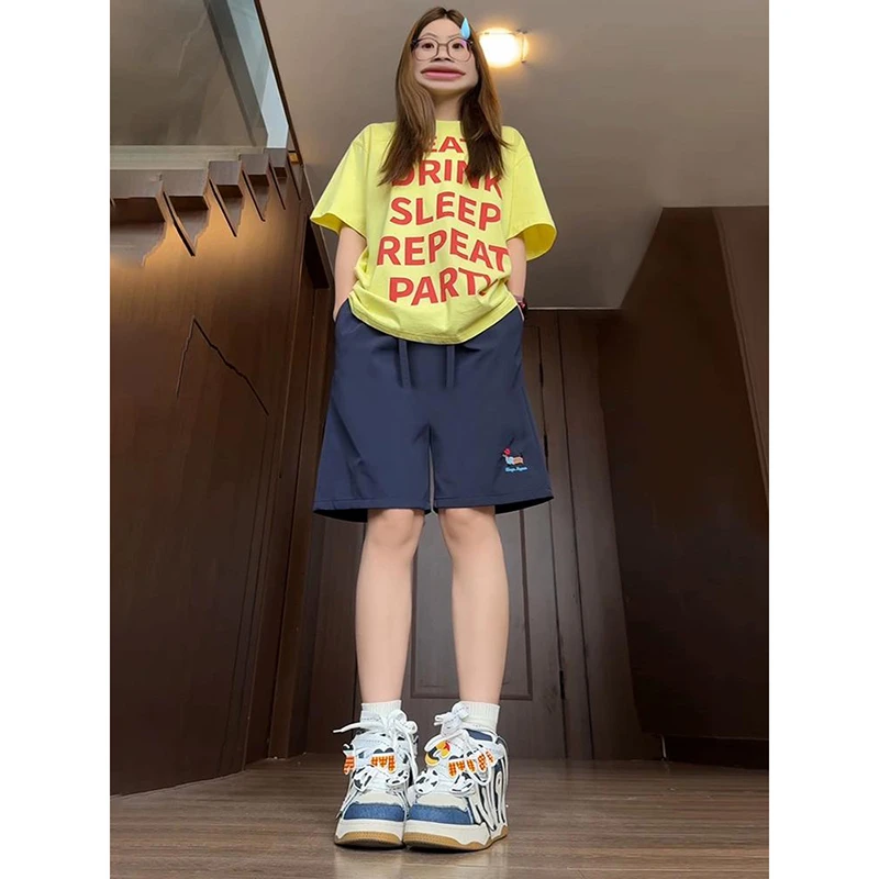 藏青色腊肠小狗刺绣短裤男女夏季外穿美式速干运动裤子休闲五分裤