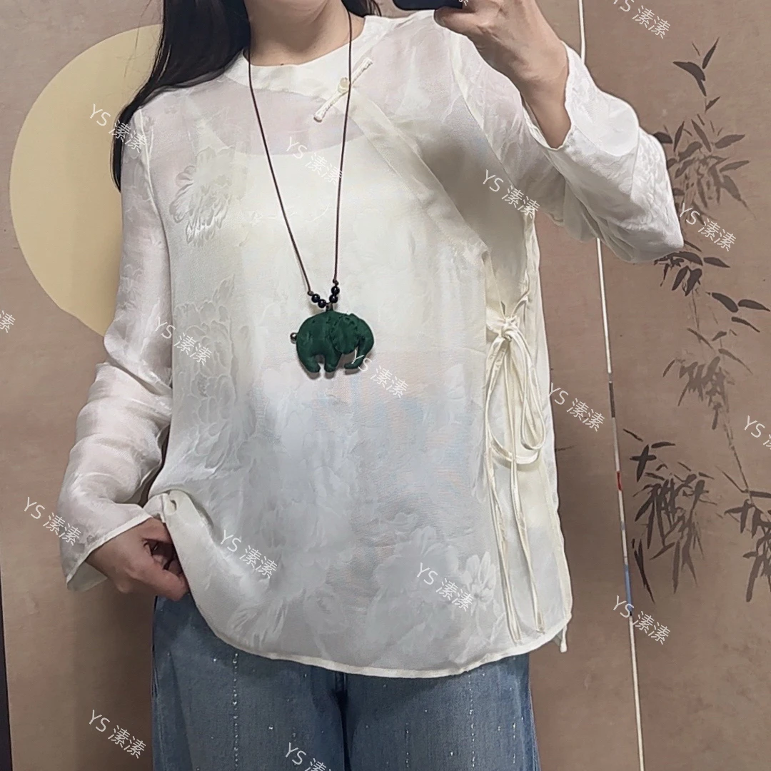【牡丹】宽松型百搭打底花罗斜开襟真丝上衣