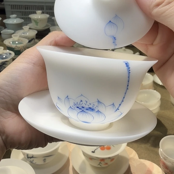 素烧冰种薄胎手绘三才盖碗荷花130