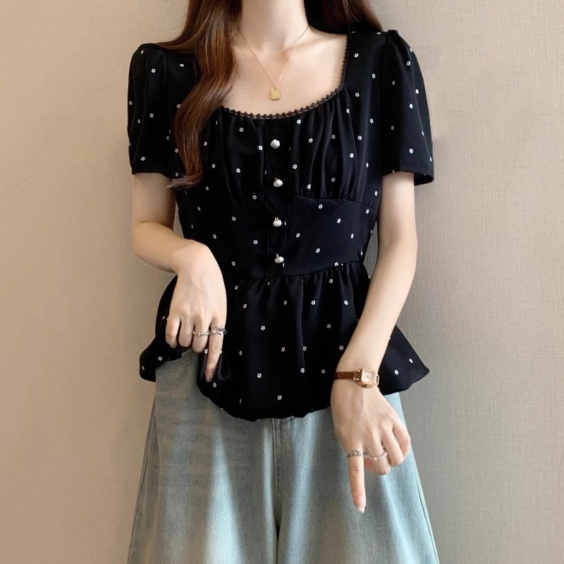黑色波点碎花方领正肩短袖衬衫女2025夏季大码胖mm娃娃衫蓬蓬上衣