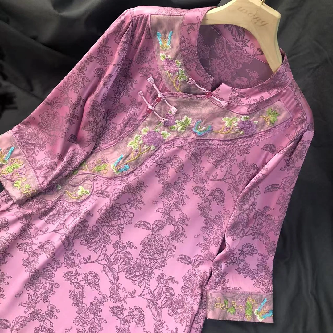 【粉色佳人】新款重磅香云老料气质新中式国风复古提花连衣裙2