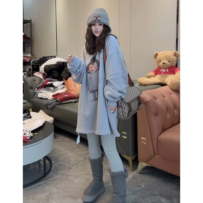 慵懒风宽松卡通印花中长款卫衣女欧洲站2025春秋新款百搭休闲上衣