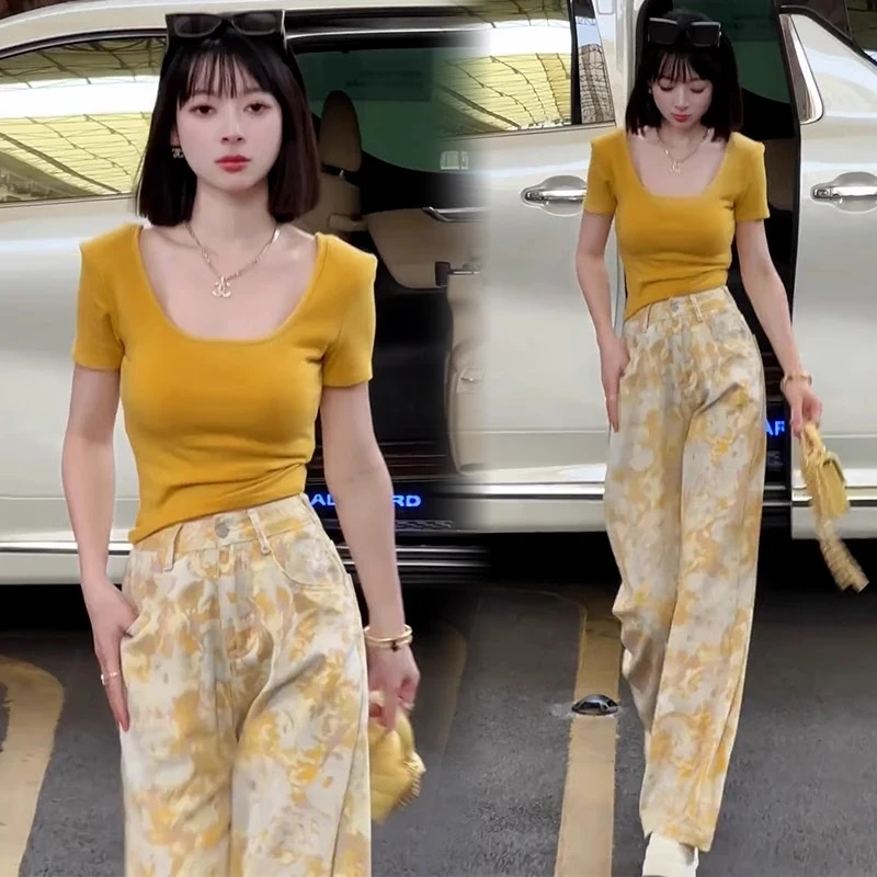 时尚休闲套装女2025夏季新款洋气显瘦短袖上衣印花阔腿裤两件套潮