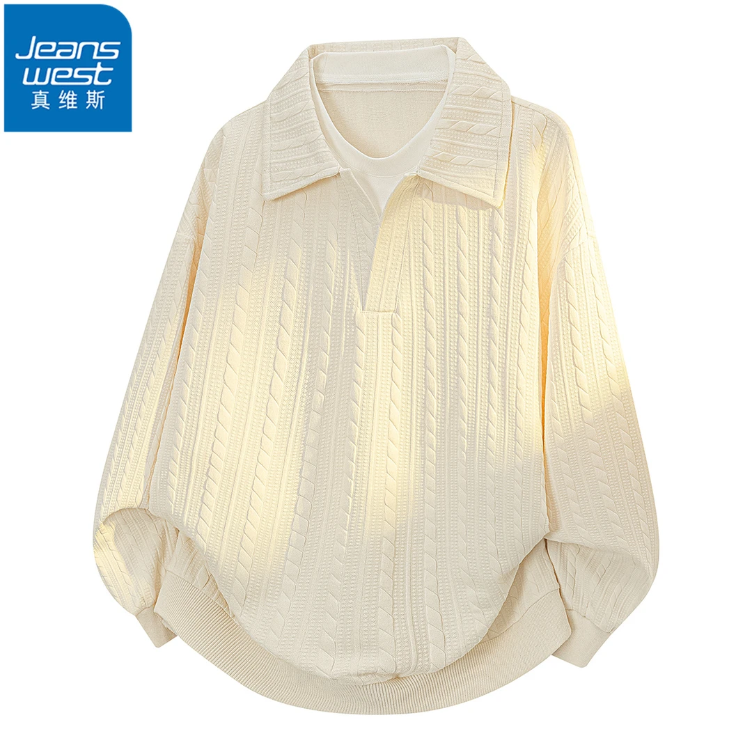 Jeanswest/真维斯宽松翻领套头卫衣男春秋情侣学生拼色polo衫衣服