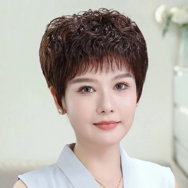 假发女自然全头套短发真发蓬松轻薄女士中老年妈妈假发套短卷发